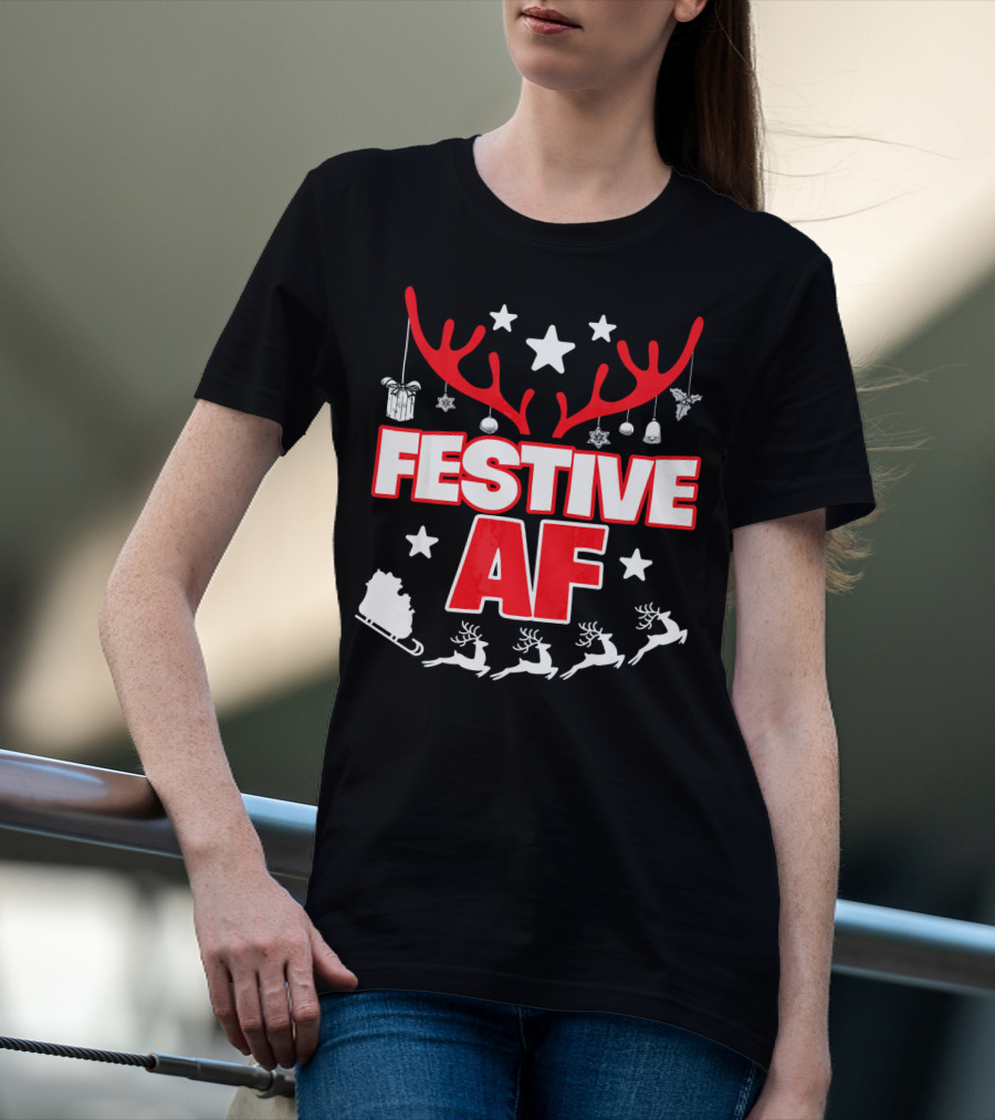 Festive AF Antlers Reindeer Stars Christmas Sled T-Shirt