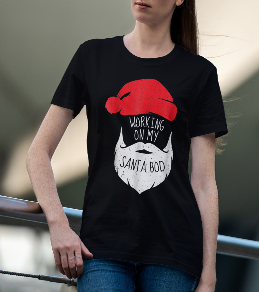 Mens Working On My Santa Bod Beard Santa Hat T-Shirt