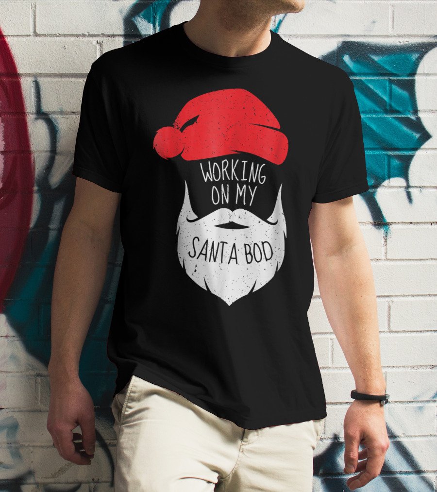 Mens Working On My Santa Bod Beard Santa Hat T-Shirt