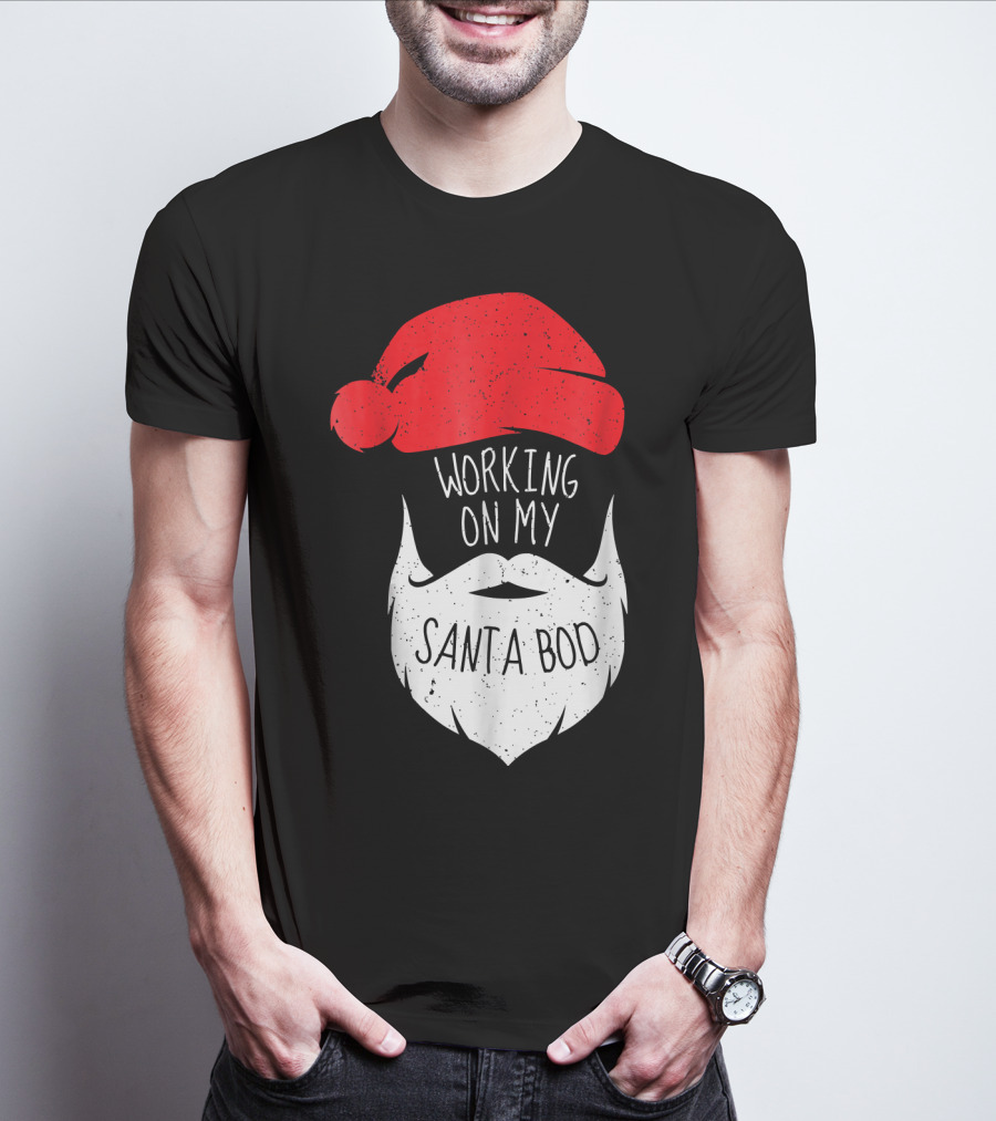 Mens Working On My Santa Bod Beard Santa Hat T-Shirt