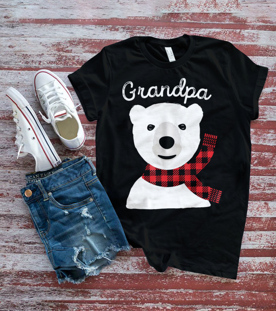 Grandpa Christmas Bear With Red Plaid Scarf Family Matching T-Shirt