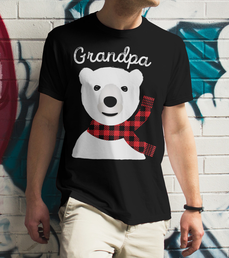 Grandpa Christmas Bear With Red Plaid Scarf Family Matching T-Shirt