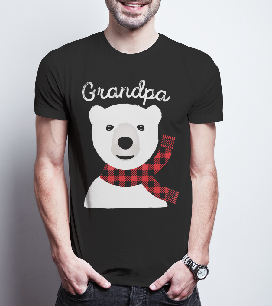 Grandpa Christmas Bear With Red Plaid Scarf Family Matching T-Shirt
