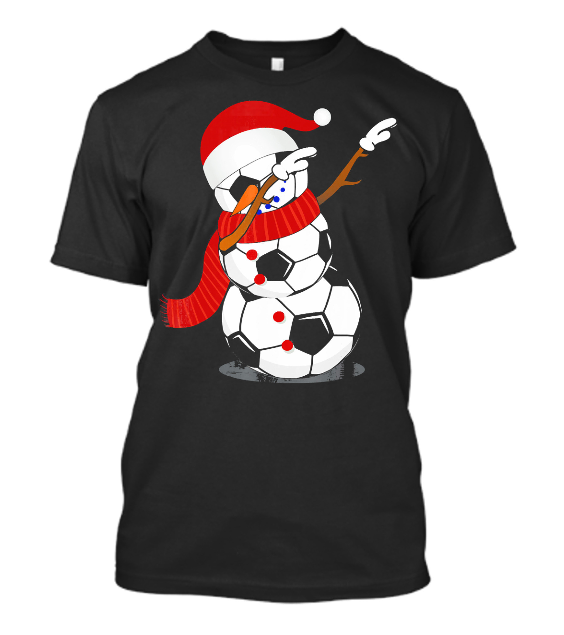 Festive Soccer Ball Dabbing Snowman With Santa Hat And Scarf T-Shirt
