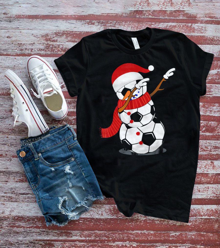 Festive Soccer Ball Dabbing Snowman With Santa Hat And Scarf T-Shirt