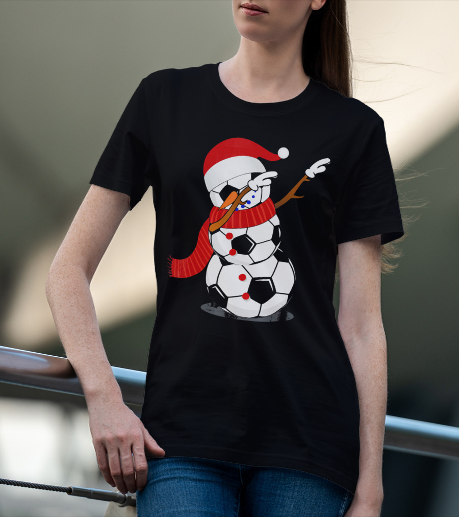 Festive Soccer Ball Dabbing Snowman With Santa Hat And Scarf T-Shirt