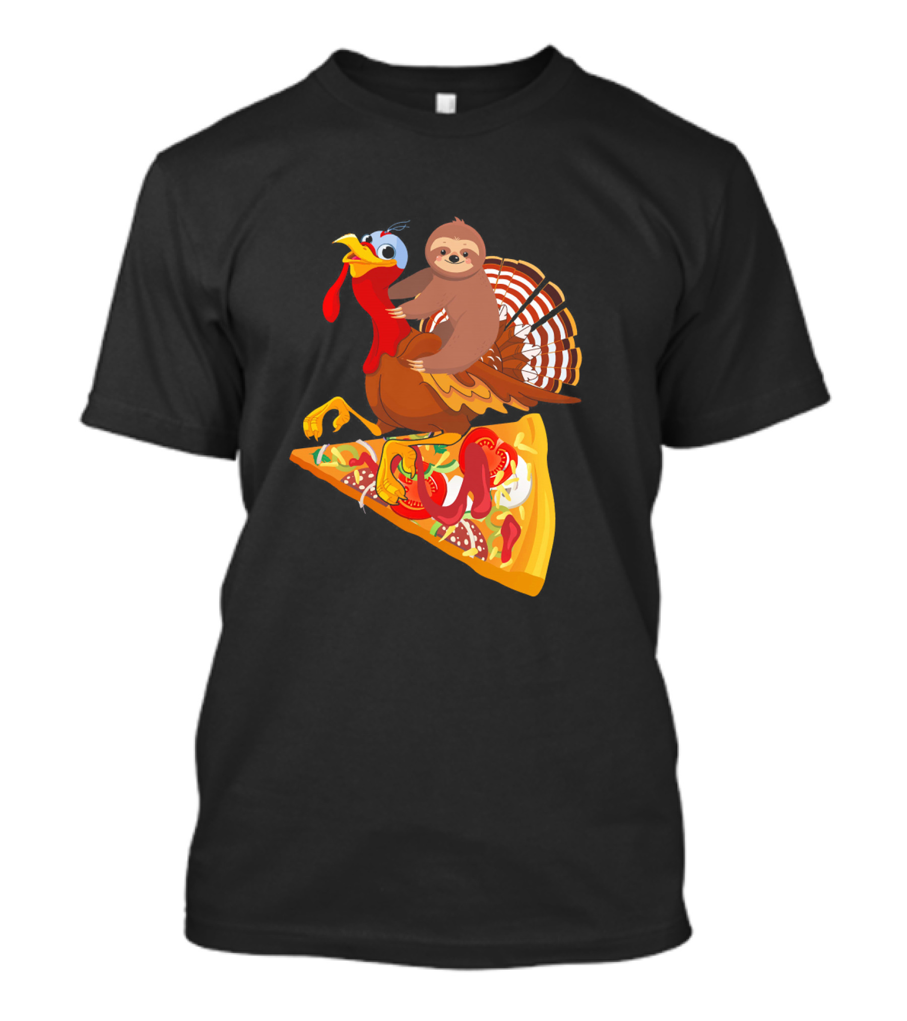 Sloth Riding Turkey On Pizza Slice Surreal Fun T-Shirt