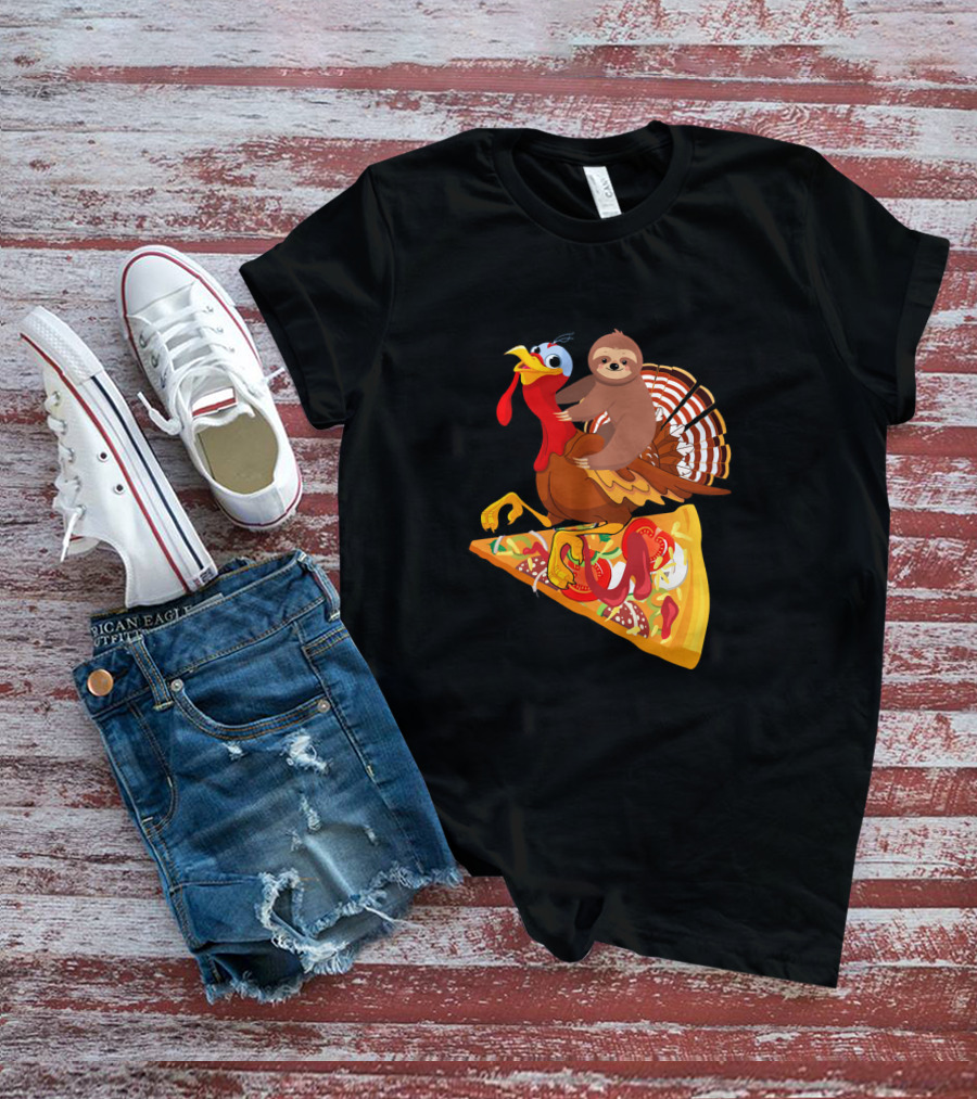 Sloth Riding Turkey On Pizza Slice Surreal Fun T-Shirt