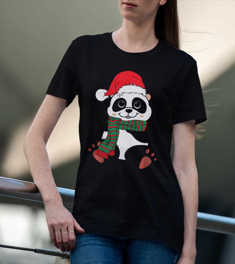 Christmas Panda In Santa Hat And Scarf Winter Vacation T-Shirt
