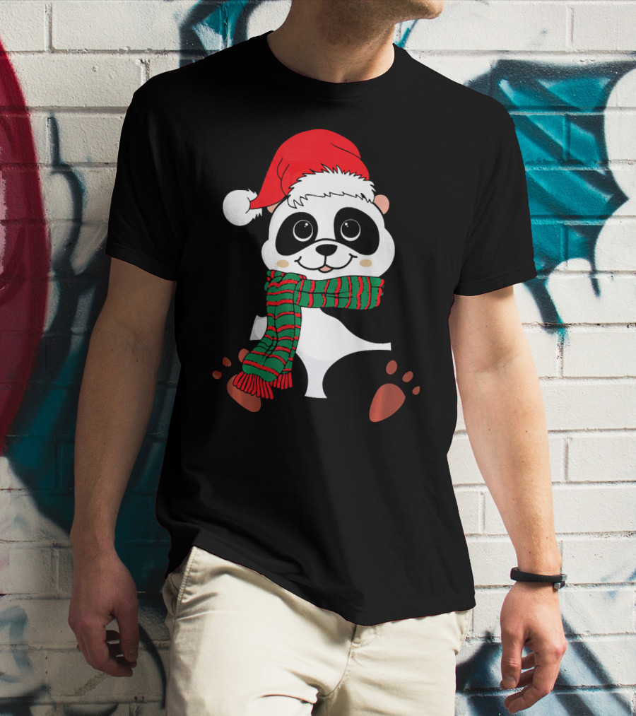 Christmas Panda In Santa Hat And Scarf Winter Vacation T-Shirt