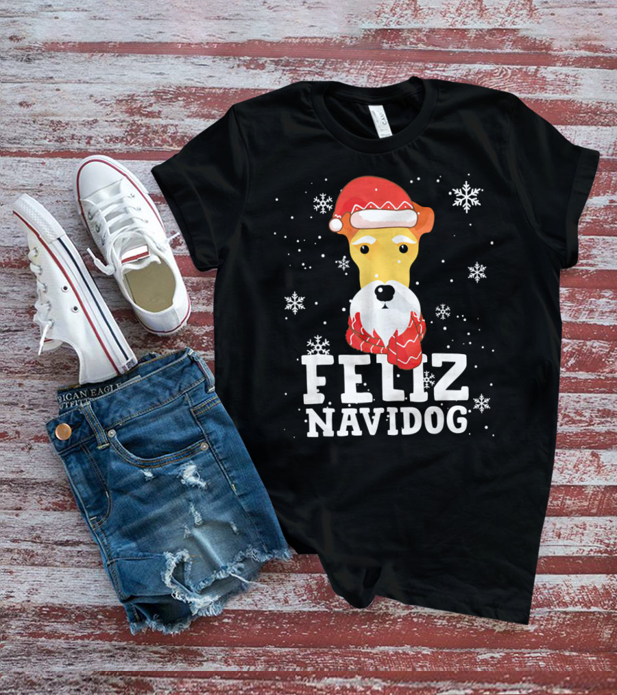 Feliz Navidog Fox Terrier Wire Dog Santa Hat Snowflakes T-Shirt