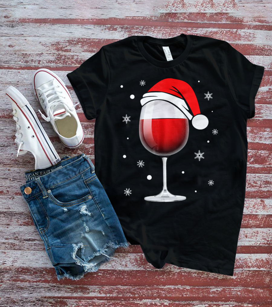 Santa Hat Wine Glass Funny Christmas Holid Snowflakes T-Shirt