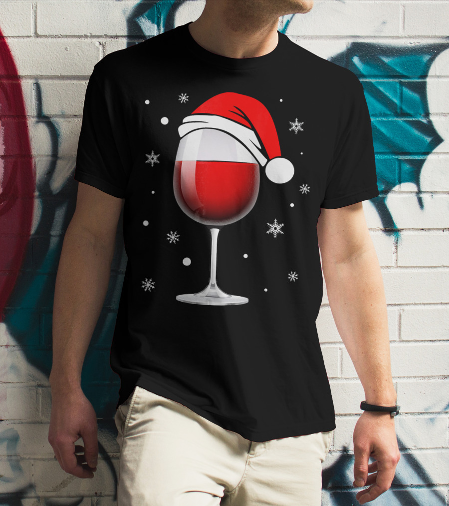 Santa Hat Wine Glass Funny Christmas Holid Snowflakes T-Shirt