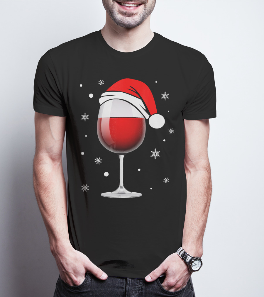 Santa Hat Wine Glass Funny Christmas Holid Snowflakes T-Shirt