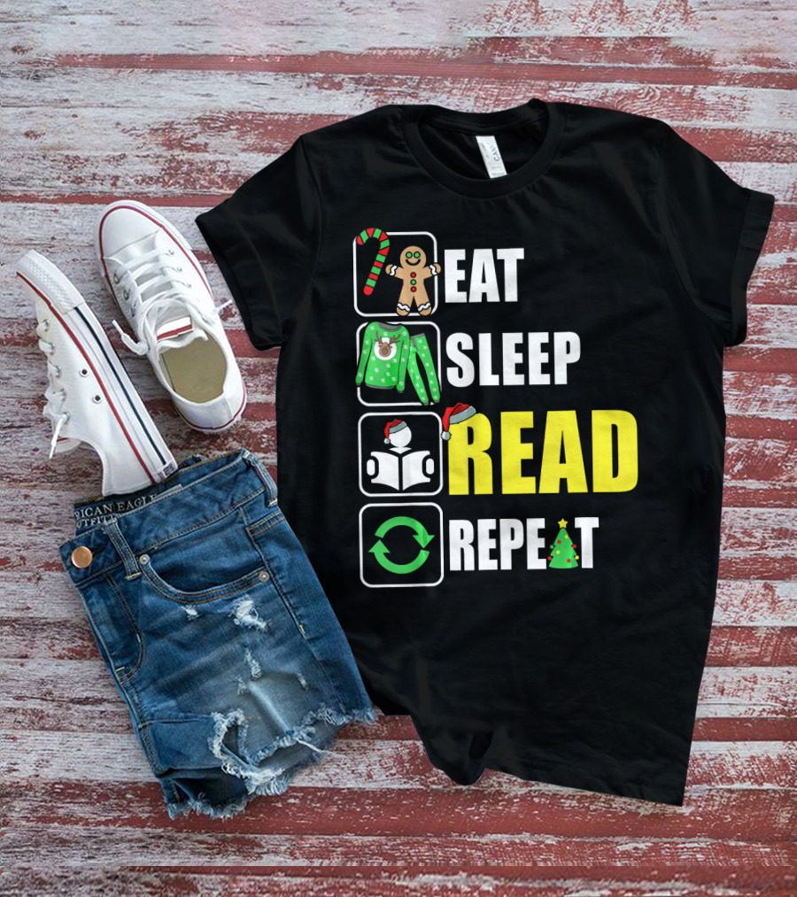 Eat Sleep Read Repeat Christmas Gingerbread Candy Cane Sweater Book Tree T-Shirt
