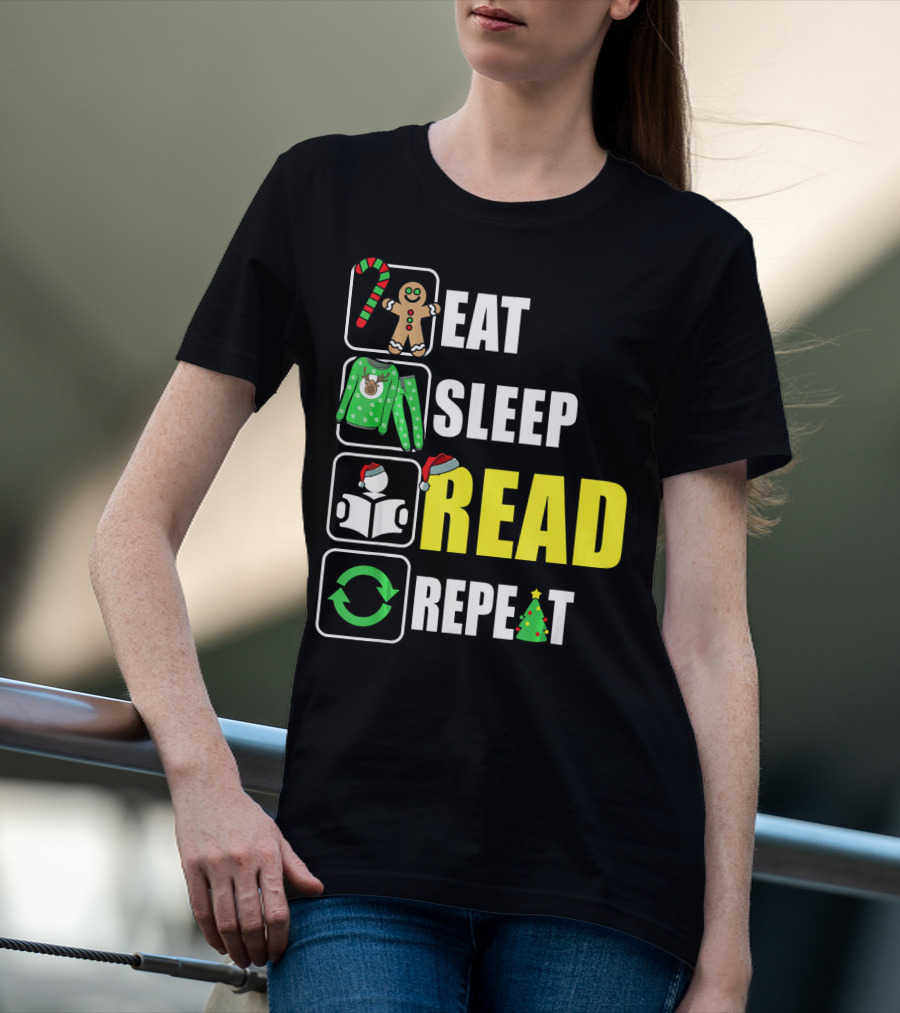 Eat Sleep Read Repeat Christmas Gingerbread Candy Cane Sweater Book Tree T-Shirt