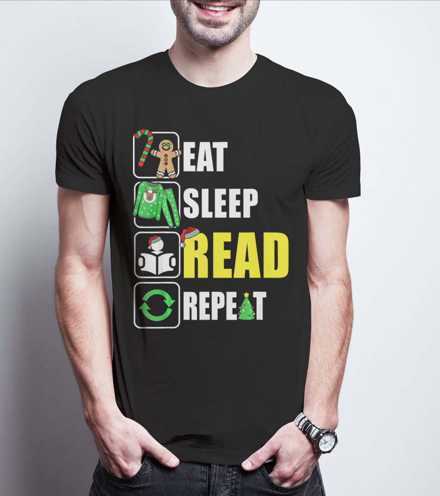 Eat Sleep Read Repeat Christmas Gingerbread Candy Cane Sweater Book Tree T-Shirt