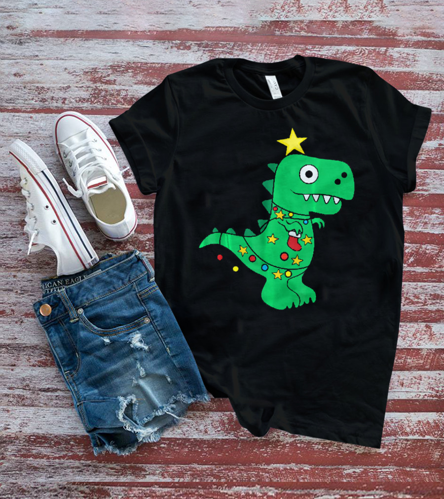 Christmas Dinosaur Rex With Star And Lights T-Shirt