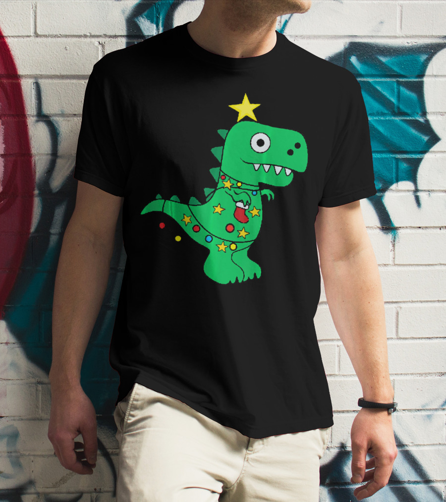 Christmas Dinosaur Rex With Star And Lights T-Shirt