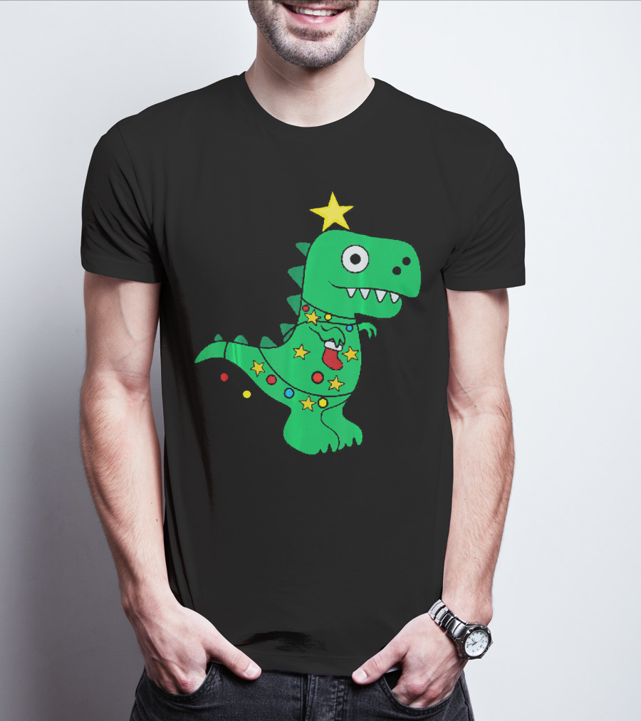 Christmas Dinosaur Rex With Star And Lights T-Shirt