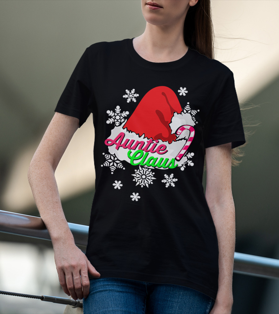 Auntie Claus Christmas Candy Cane Snowflakes Santa Hat T-Shirt