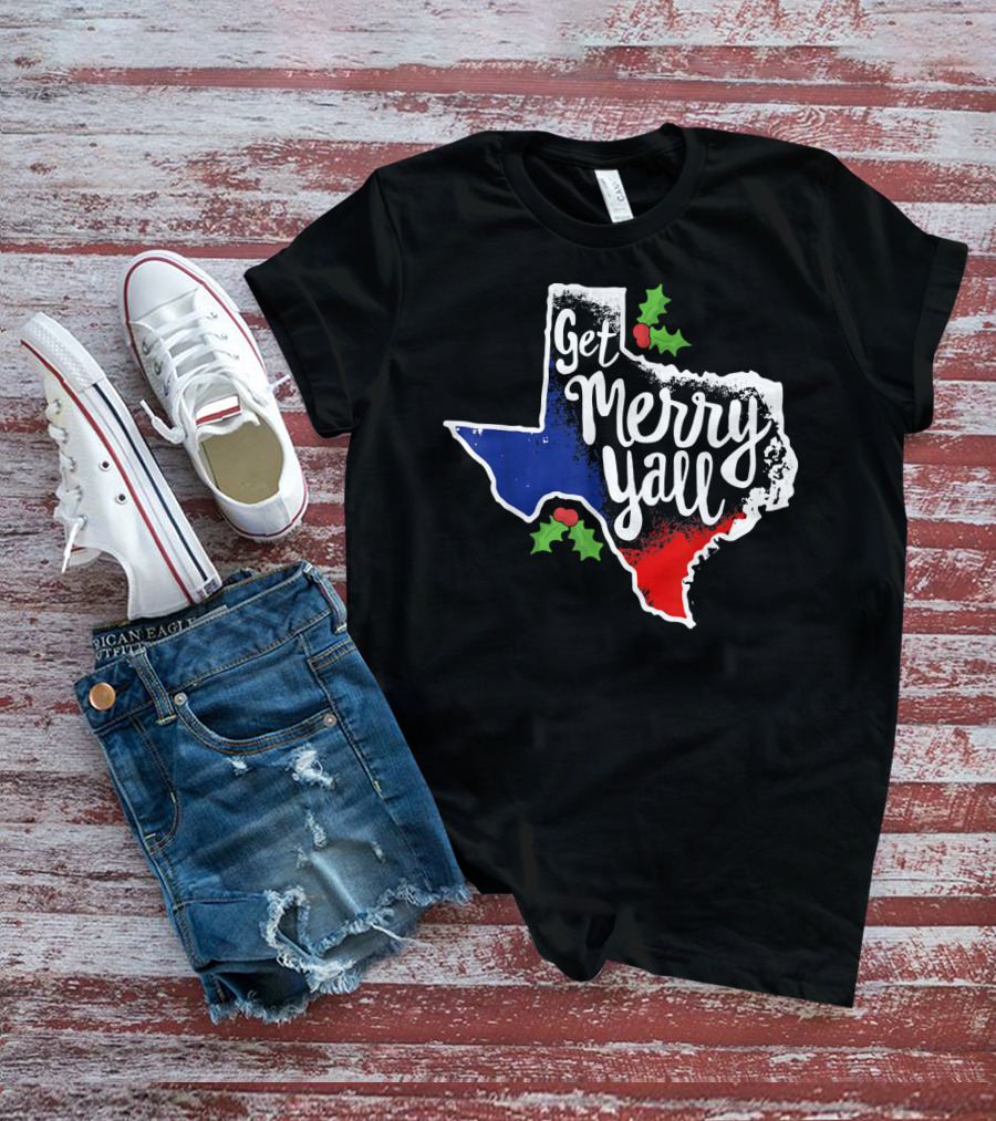 Get Merry Yall Texas State Outline Holly Berries Red White Blue T-Shirt