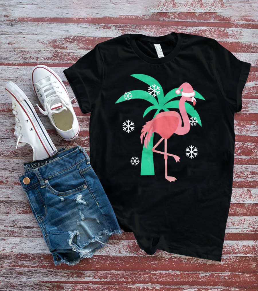 Pink Flamingo With Santa Hat And Palm Tree Snowflakes Christmas T-Shirt