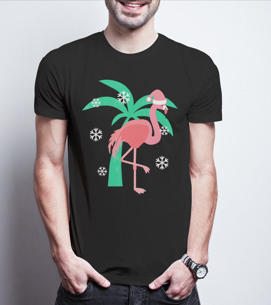 Pink Flamingo With Santa Hat And Palm Tree Snowflakes Christmas T-Shirt