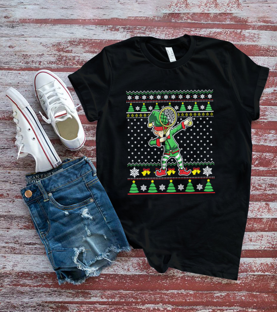 ELF Dabbing Tennis Dance Ugly Christmas T-Shirt
