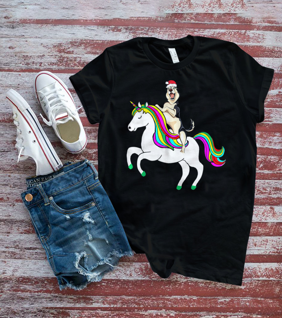 Pug Christmas Dog Riding Rainbow Unicorn T-Shirt