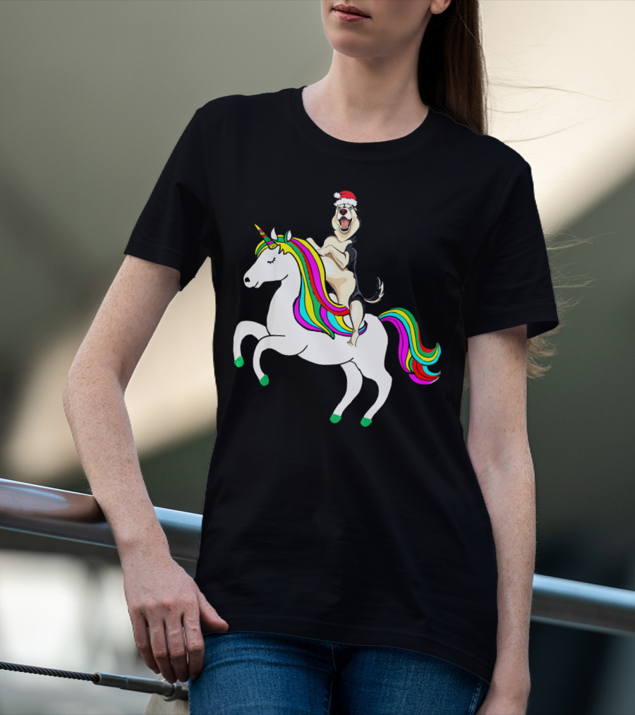 Pug Christmas Dog Riding Rainbow Unicorn T-Shirt