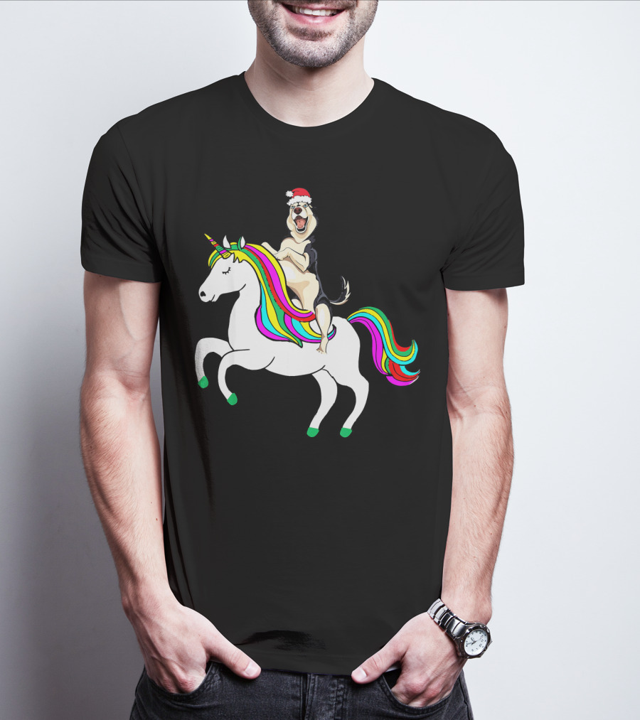 Pug Christmas Dog Riding Rainbow Unicorn T-Shirt