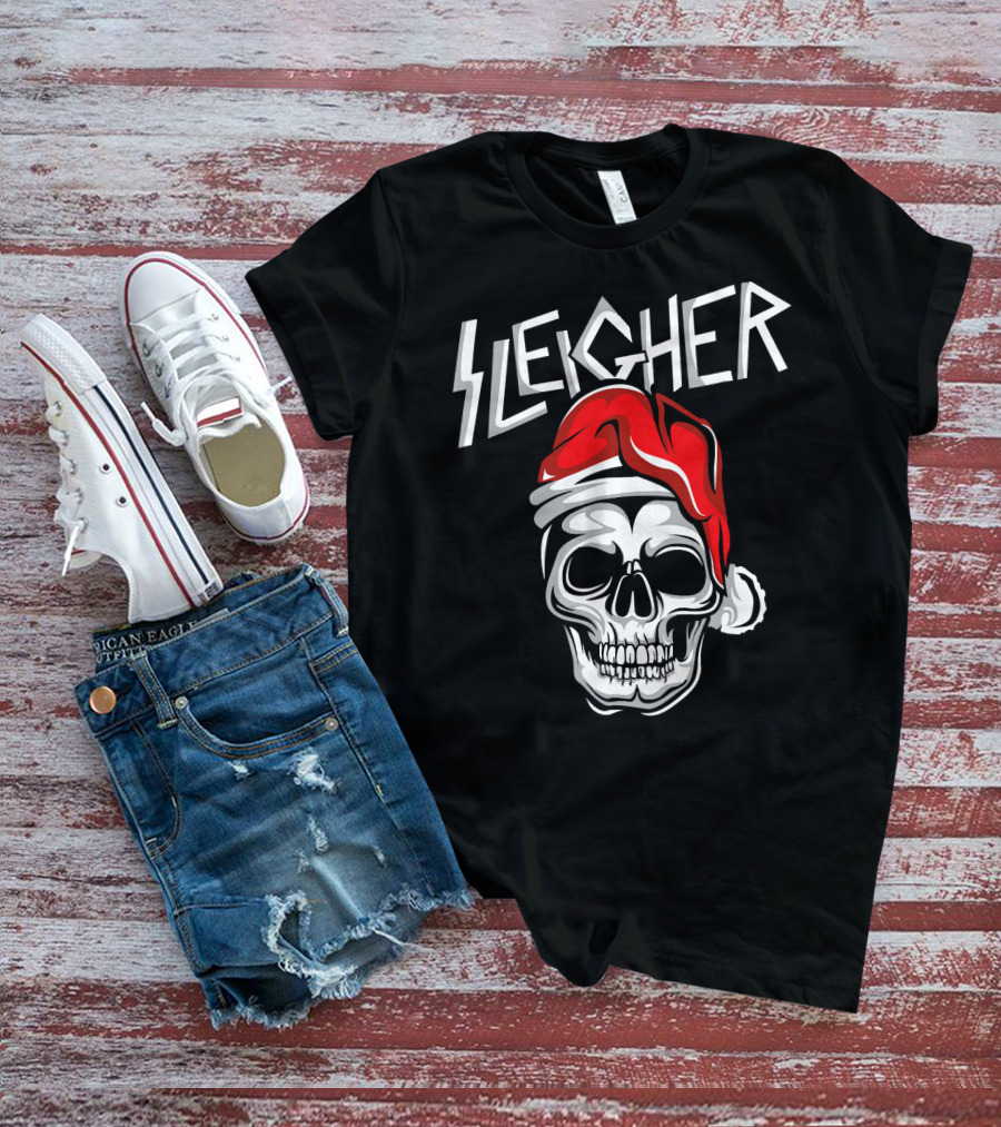 Sleigher Heavy Metal Music Skull With Santa Hat T-Shirt