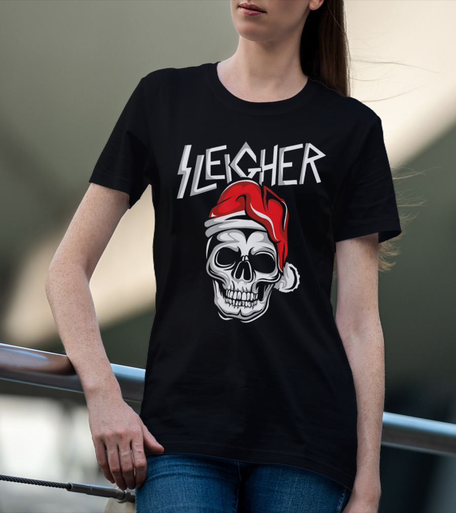 Sleigher Heavy Metal Music Skull With Santa Hat T-Shirt