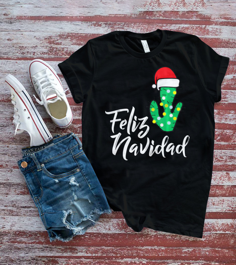 Feliz Navidad Cactus With Santa Hat And Christmas Lights T-Shirt