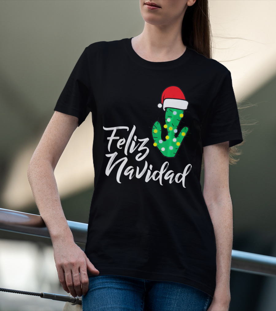 Feliz Navidad Cactus With Santa Hat And Christmas Lights T-Shirt