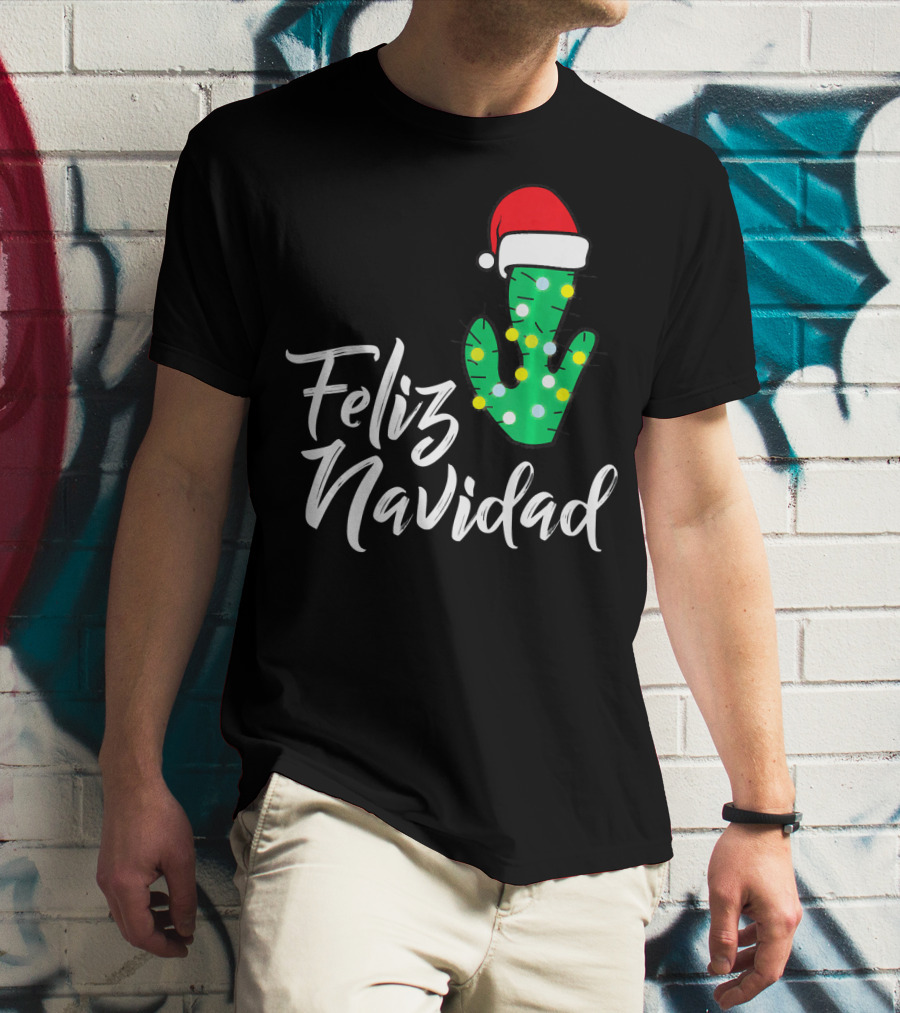 Feliz Navidad Cactus With Santa Hat And Christmas Lights T-Shirt