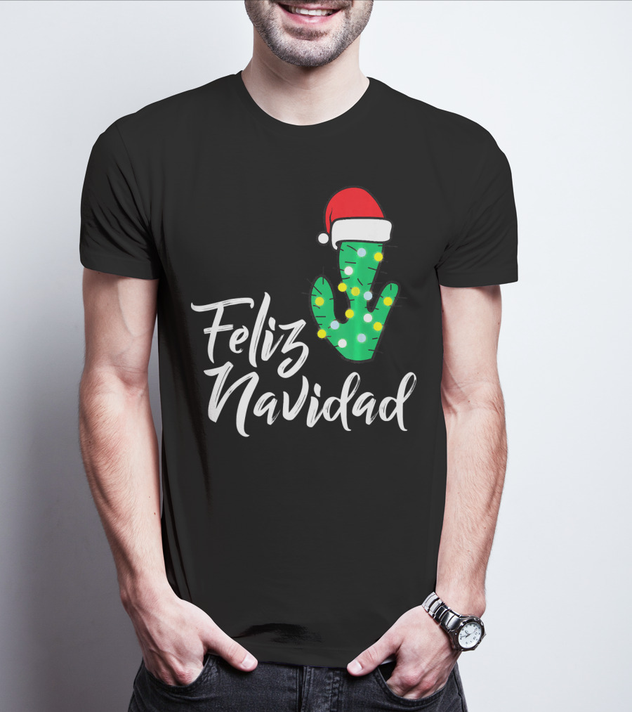 Feliz Navidad Cactus With Santa Hat And Christmas Lights T-Shirt
