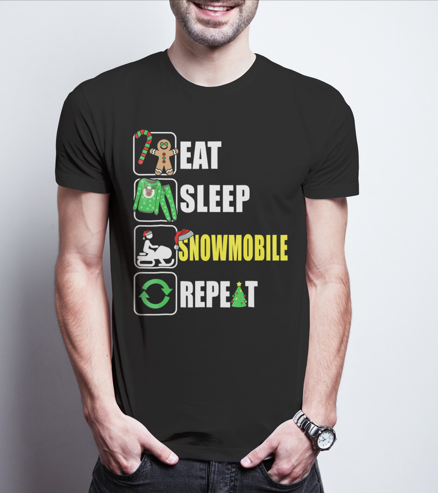 Eat Sleep Snowmobile Repeat Christmas Holiday Icons Gingerbread Sweater Candy Cane T-Shirt