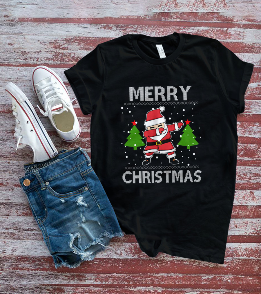 Merry Christmas Santa Dabbing With Christmas Trees T-Shirt