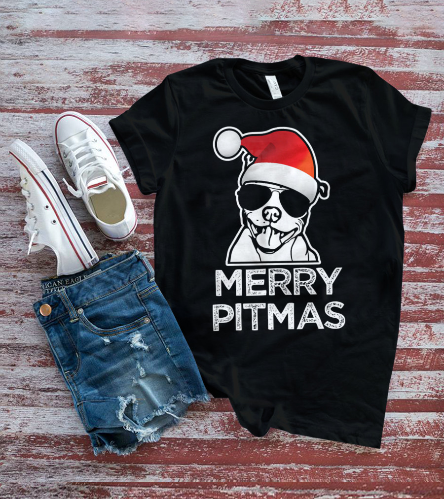 Merry Pitmas Funny Christmas Pitbull With Santa Hat And Sunglasses T-Shirt