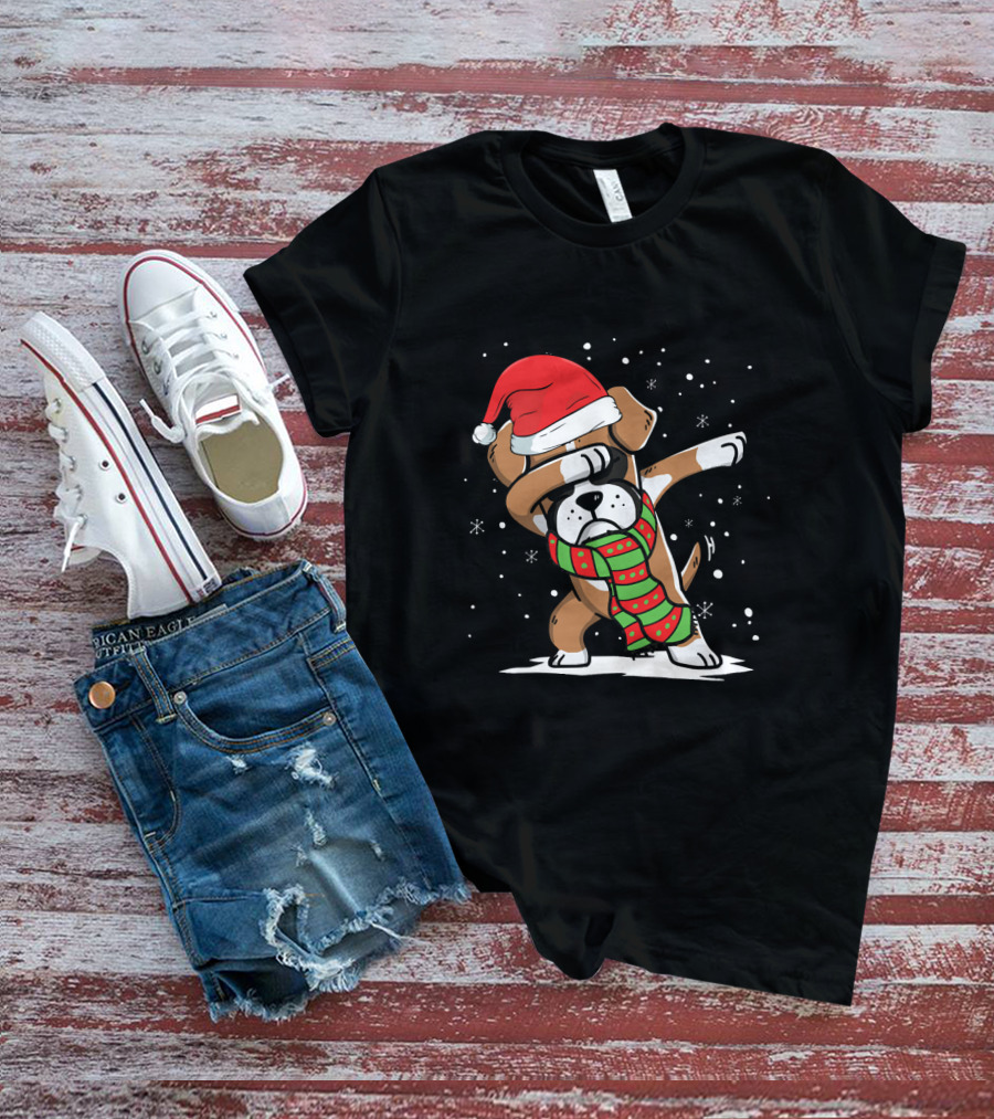 Santa Hat Dabbing Boxer With Christmas Scarf T-Shirt