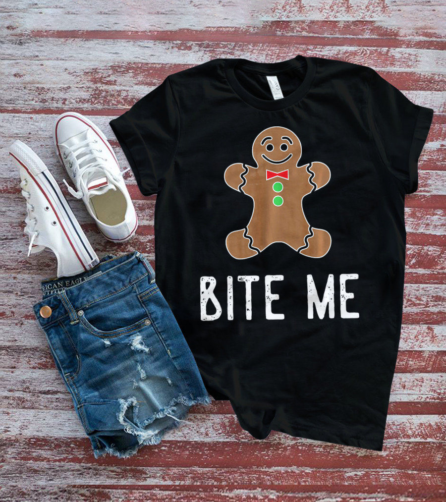 Bite Me Gingerbread Cookie Red Bow Tie Green Buttons T-Shirt