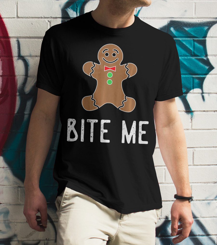 Bite Me Gingerbread Cookie Red Bow Tie Green Buttons T-Shirt
