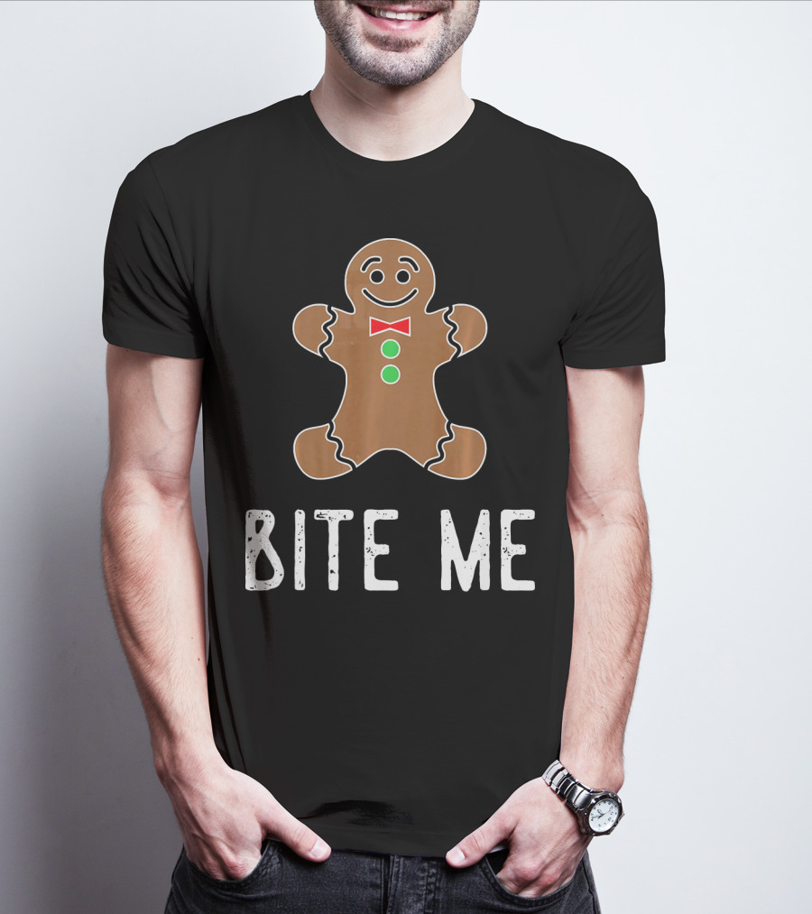 Bite Me Gingerbread Cookie Red Bow Tie Green Buttons T-Shirt