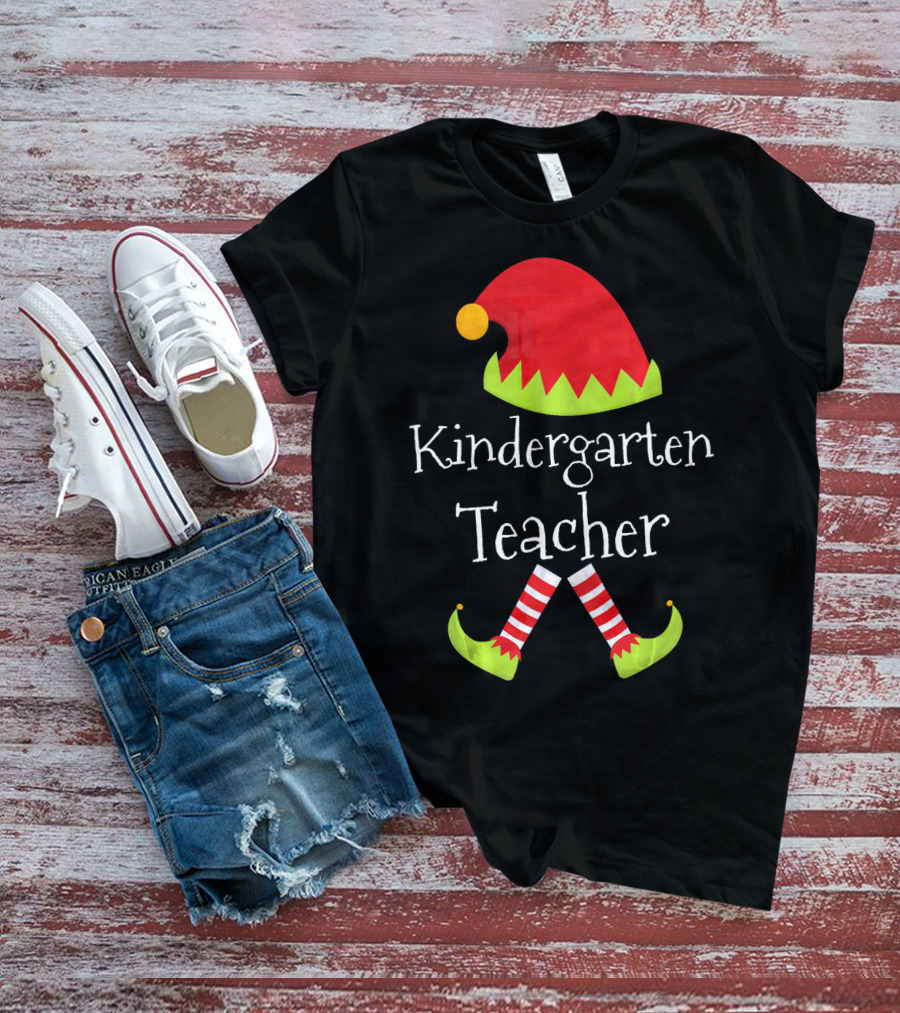 Kindergarten Teacher Christmas Elf Hat And Shoes Matching T-Shirt