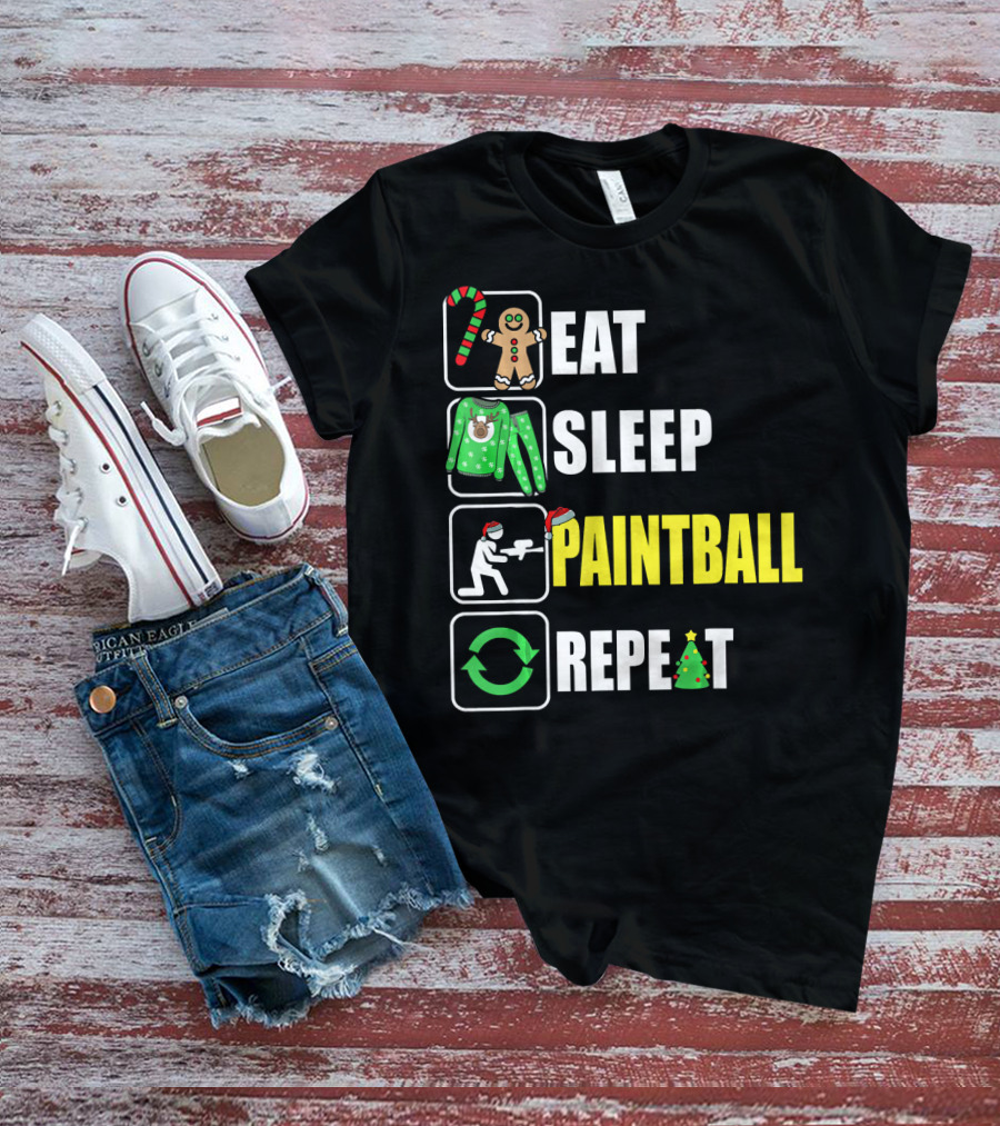 Eat Sleep Paintball Repeat Christmas Candy Cane Gingerbread Ugly Sweater Santa Hat Tree T-Shirt