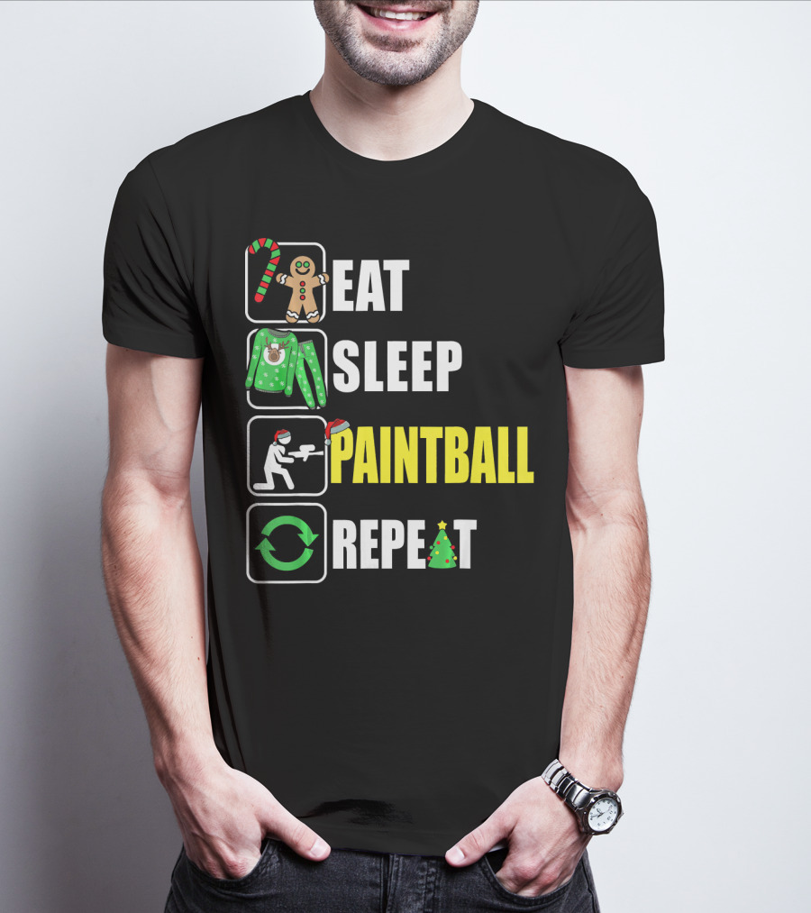 Eat Sleep Paintball Repeat Christmas Candy Cane Gingerbread Ugly Sweater Santa Hat Tree T-Shirt