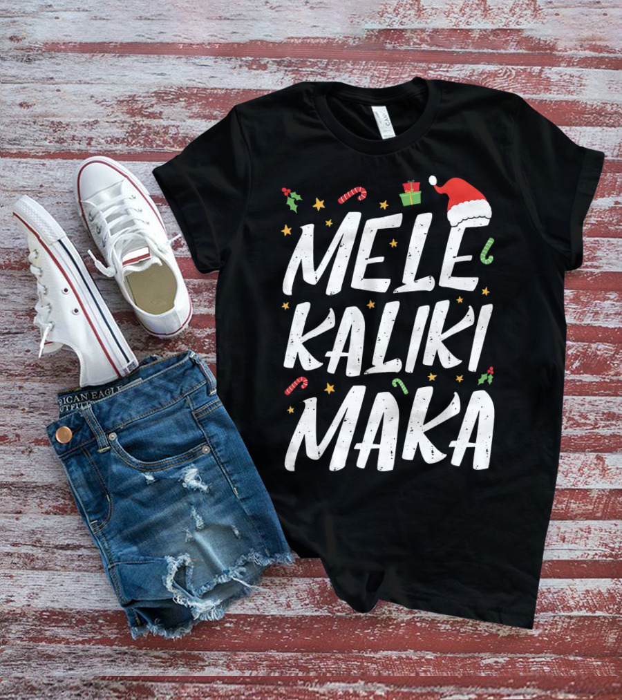 Mele Kalikimaka Christmas Hawaii Santa Hat Candy Canes Holly Presents T-Shirt