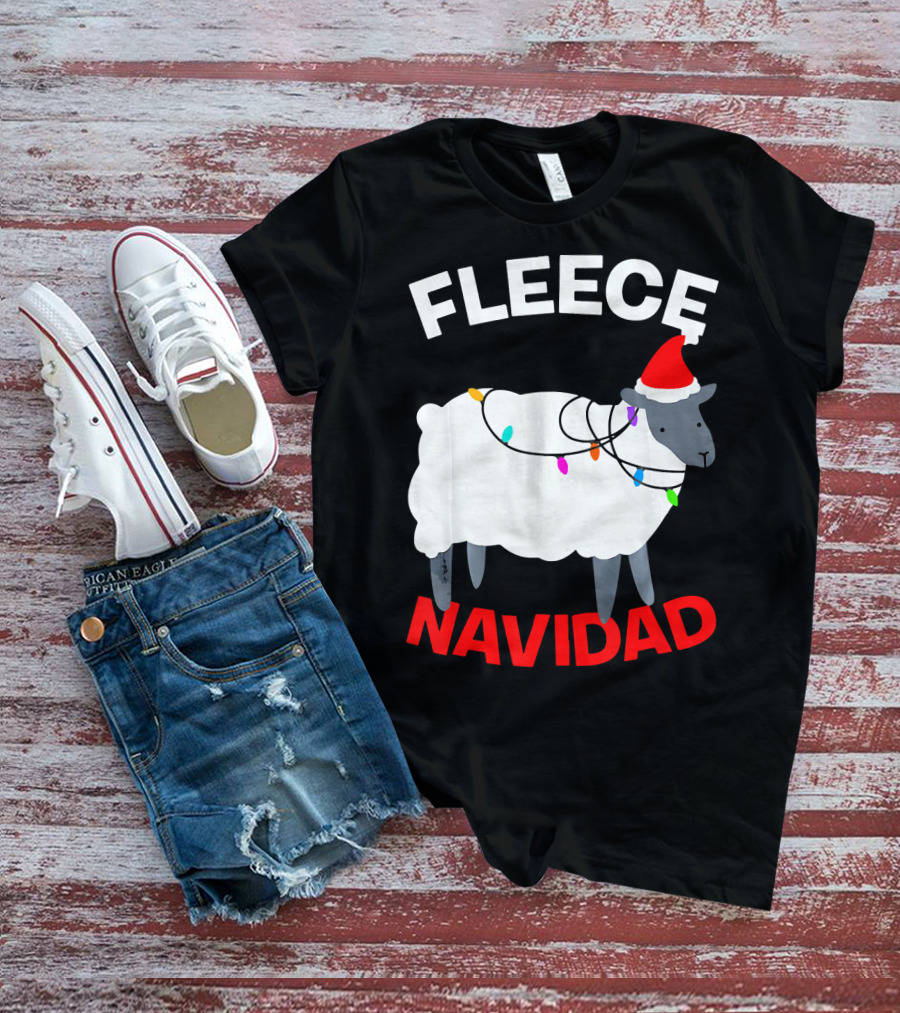 Fleece Navidad Funny Christmas Sheep Santa Hat Lights T-Shirt